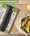 Premium Aluminum Foil Sheets 9 By 10.75 Inches, box and cooked potatoes in foil, 1000 Sheets, Pop Up Dispenser