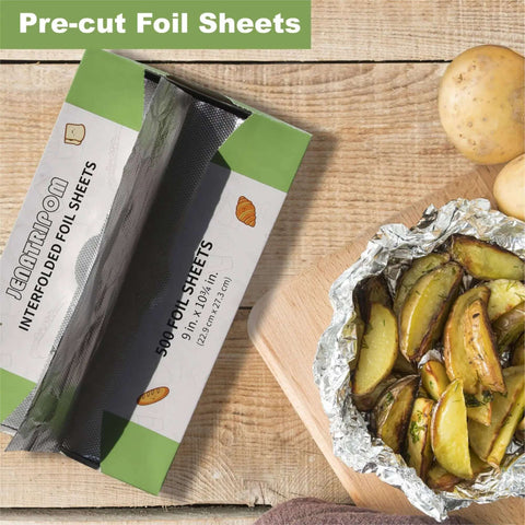 Premium Aluminum Foil Sheets 9 By 10.75 Inches, box and cooked potatoes in foil, 1000 Sheets, Pop Up Dispenser