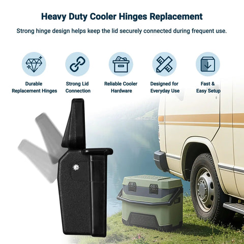Replacement Cooler Hinges Kit Compatible With BMX 25 52 And 72 Qt Coolers displayed with van and coolers