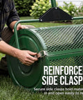 Person securing reinforced side clasp on heavy-duty steel frame of Compost Spreader With 24 Inch Wide Drum For Even Coverage Of Compost Soil Sand Manure And Mulch Perfect For Yard Work And Home Lawn Care Heavy Duty Steel Frame Spreader With Adjustable Handle For Topdressing And Peat Moss.