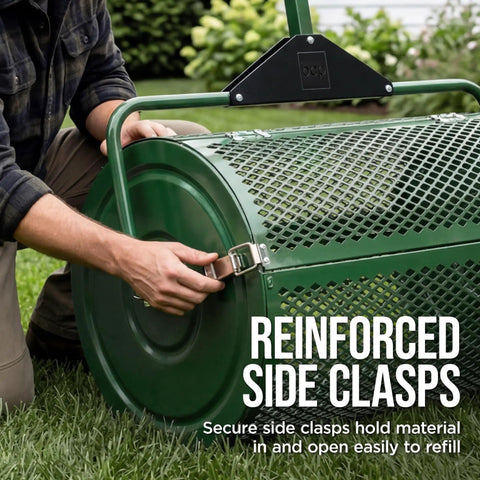 Person securing reinforced side clasp on heavy-duty steel frame of Compost Spreader With 24 Inch Wide Drum For Even Coverage Of Compost Soil Sand Manure And Mulch Perfect For Yard Work And Home Lawn Care Heavy Duty Steel Frame Spreader With Adjustable Handle For Topdressing And Peat Moss.