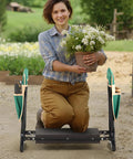 Person using All In One Garden Kneeler And Seat Workhorse With 330 Lb Capacity, 8 Inch EVA Pad, foldable stool, holding flowers outdoors.