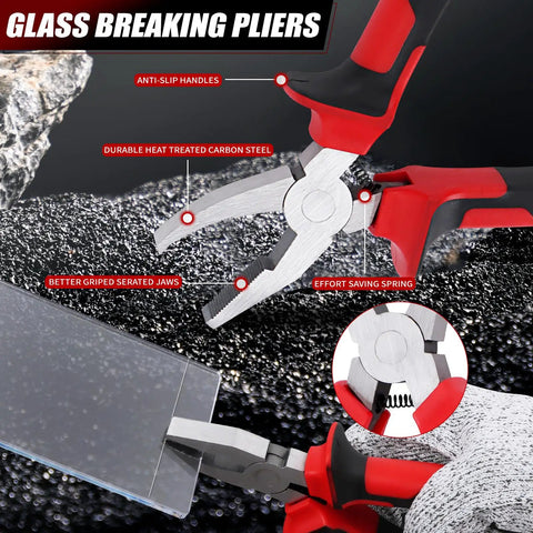 Close-up of red and black glass breaking pliers from 13 Piece Glass Cutter Tool Set With Nippers, Running Pliers, Breaking Pliers, Replaceable Cutter Heads, Tungsten Scribe, Cut Resistant Gloves, Leather Zipper Bag For Stained Glass, Tiles, And Mosaic Projects