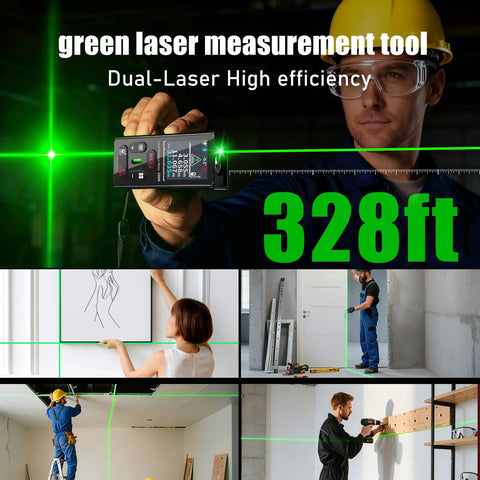 2 In 1 Green Laser Distance Measurer With Cross Line Level For Quick Indoor Outdoor Measuring, 328 Feet Range, Dual Green Lasers For Easy Layouts And Precise Marking, Accuracy Up To 1.5mm on worker holding unit