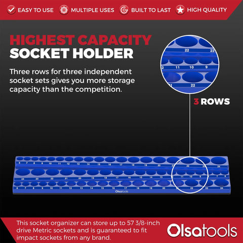 Image of Magnetic Socket Organizer For Three Eighths Inch Drive, Blue three row holder for 54 metric sockets up to 22mm.