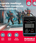 Front view of Sensorcon Inspector 2 Industrial Pro portable carbon monoxide detector; black handheld with LCD display.