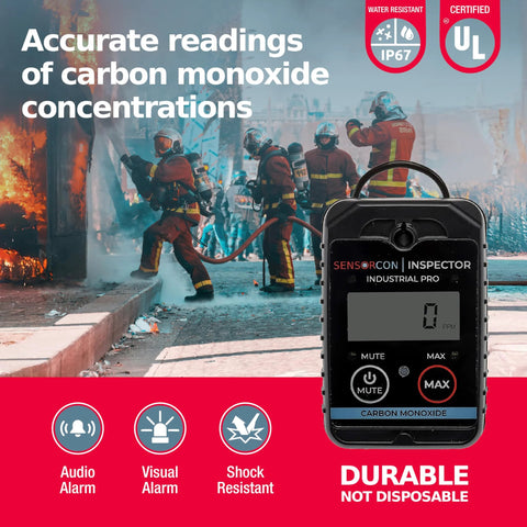 Front view of Sensorcon Inspector 2 Industrial Pro portable carbon monoxide detector; black handheld with LCD display.