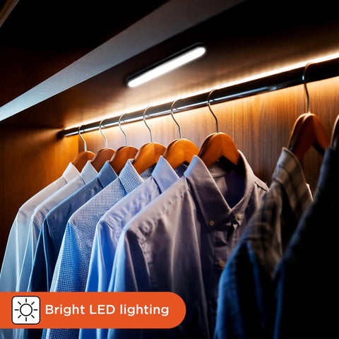 Two Pack LED Light Bars With Motion Sensor, 160 Lumens, Touchless Operation, Magnetic Mount, illuminating clothes in a closet