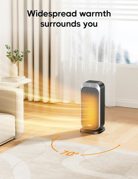 Quiet 1500W Space Heater With Remote, Oscillating 70 Degrees, Fast Heating, PTC Ceramic For Desk Office Bedroom with orange glow