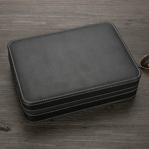 Top Shelf 10 Grid Watch Storage Box With Cushioned Dividers For Organizing Your Cool Watch Collection On The Go Or Desk Display Plus Ring Holder And Travel Essentials Case in black leather, closed view.