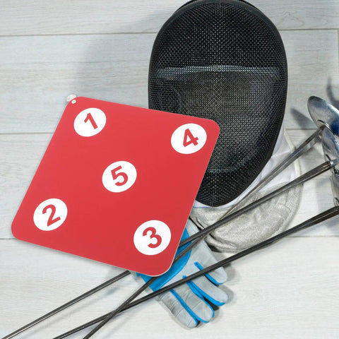 Sturdy Indoor Hanging Fencing Practice Target with dope double sided rubber surface next to fencing gear