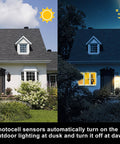 House with outdoor lighting illustrating Dusk To Dawn Outdoor Lighting Sensor With Photocell in day and night settings.