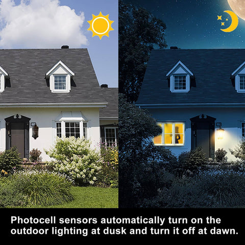 House with outdoor lighting illustrating Dusk To Dawn Outdoor Lighting Sensor With Photocell in day and night settings.
