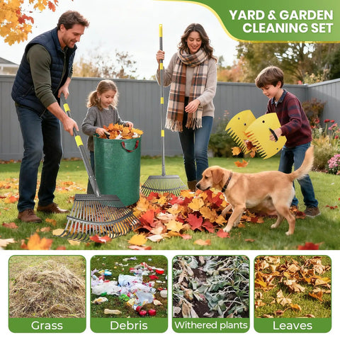 Family using 2 Pack 18 Inch Wide Heavy Duty Garden Rake Set For Leaves With 73 Inch Adjustable Handles And 25 Tines Includes 72 Gallon Leaf Bags And Scoops for yard cleanup.