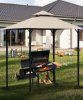 Grill Gazebo Replacement Canopy Roof For 5x8 Foot Outdoor BBQ Gazebo Top Cover Double Layer Weather Resistant Durable Polyester Fabric Keeps Sun And Rain Off Fits Model L-GG001PST-F Khaki standing outside covering an outdoor grill in a backyard setting