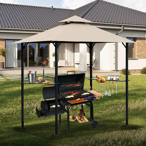 Grill Gazebo Replacement Canopy Roof For 5x8 Foot Outdoor BBQ Gazebo Top Cover Double Layer Weather Resistant Durable Polyester Fabric Keeps Sun And Rain Off Fits Model L-GG001PST-F Khaki standing outside covering an outdoor grill in a backyard setting