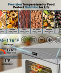 Precision temperature settings on Heavy Duty Ten Tray Food Dehydrator Machine with digital display and various food types.