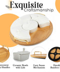 Chip and Dip Serving Set with 13.5 Inch Ceramic Platters and Trays, Lazy Susan Style on bamboo base, showcasing craftsmanship