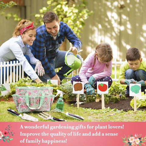 Family gardening with 4 Piece Floral Gardening Tools Set With Non Slip Rubber Handles Heavy Duty Garden Kit For Planting Digging Loosening And Transplanting Plus Gloves Ideal Gift For Women Birthday Box Green