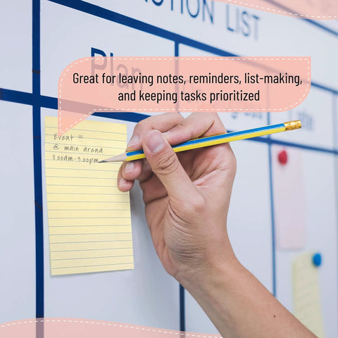 Hand writing on lined sticky notes 4x6 inch pastel color ruled post its attached to board in office setting