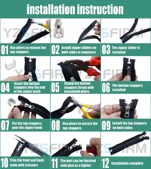 Installation instructions for Size 5 Zipper Repair Kit With 12 Sliders, 12 Bottom Stops, 24 Top Stops For Metal Plastic And Nylon Coil Zippers