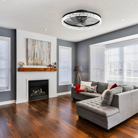 19.7 Inch Modern Low Profile Ceiling Fan With Lights in living room, dimmable LED, reversible quiet DC motor, flush mount, black
