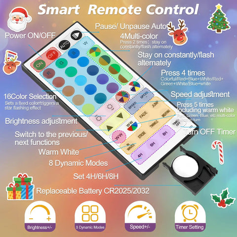 Remote control for 66Ft 200LED RGB Rope Light With 24 Colors Plus Warm White, showing color buttons and timer settings.