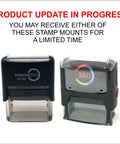 Heavy Duty Self Inking Rubber Stamp For Completed By And Date Lines Red Commercial Grade showing two models with clear bases.