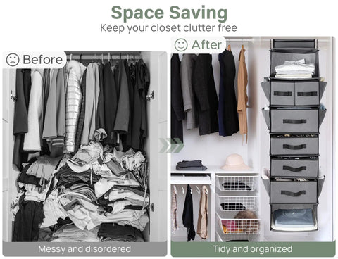 Before and after closet comparison using 7 Shelf Hanging Closet Organizer with 6 Removable Drawers, showing clutter-free arrangement.