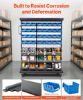 Seven Tier Double Sided Rolling Bin Storage Rack With Ninety Four Plastic Bins On Wheels in a workshop setting