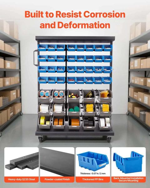 Seven Tier Double Sided Rolling Bin Storage Rack With Ninety Four Plastic Bins On Wheels in a workshop setting