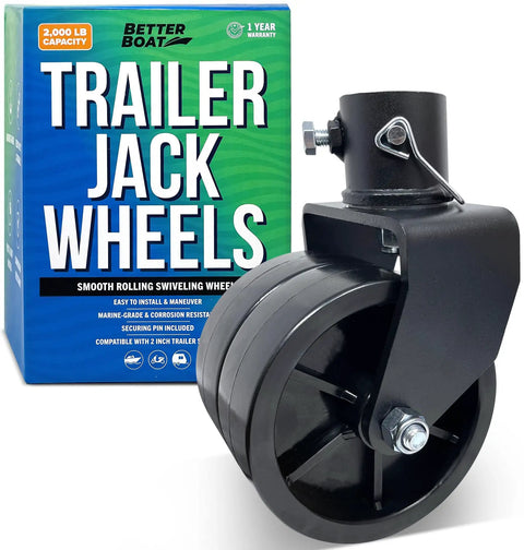 Built Tough Trailer Jack Wheel Replacement Kit 2000 Pound Capacity with black dual wheels and packaging box