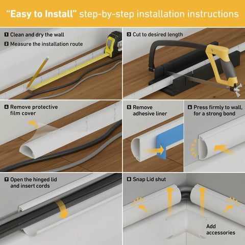 Installation steps for 157 Inch Cord Cover Kit Easy Peel And Stick Self Adhesive Wire Hiders Paintable Cable Raceway
