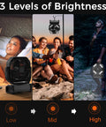 Beast Camping Fan With Light 20000mAh Battery showing three brightness levels in various outdoor and indoor settings.
