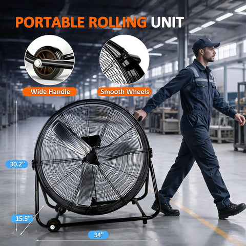 Heavy Duty Thirty Inch Drum Fan Packs A Boss 550W Motor Pumping Insane 14000 CFM Airflow On Three Speed Settings, portable with smooth wheels.