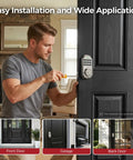 No More Fumbling Keyless Entry Door Lock For Front Door With Keypad And One Hundred Stored Codes Rock Solid Electronic Deadbolt Auto Lock Easy Install Satin Nickel Finish, man installing on front door.