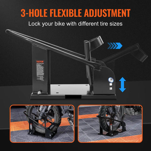 Heavy Duty Motorcycle Wheel Chock With 1800 Lb Capacity Durable Steel Front Tire Bracket Three Adjustable Holes Fits 15 To 21 Inch Wheels Works With Off Road And Street Bikes, side view showing three-hole adjustment feature.