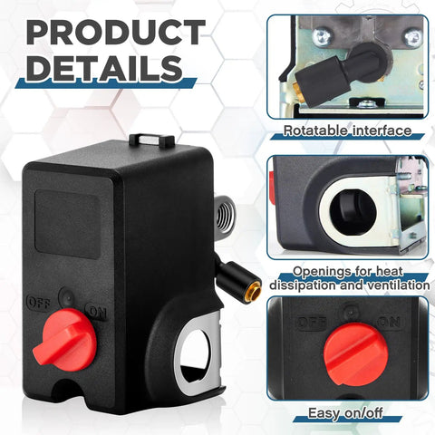 Go To Air Compressor Pressure Switch Kit 26 Amp 120/240 Volt With 120 155 PSI Setting detailed view with components