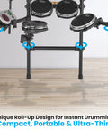 Seven Piece Electronic Drum Kit With Mesh Pads Totally Portable Electronic Drum Set Eight Inch Tom And Snare Ten Inch Crash Ride Hi Hat Pro Cymbals USB MIDI For Mac And PC Easy Setup Throne Seat And Sticks Included shown with compact roll-up design on wooden floor.