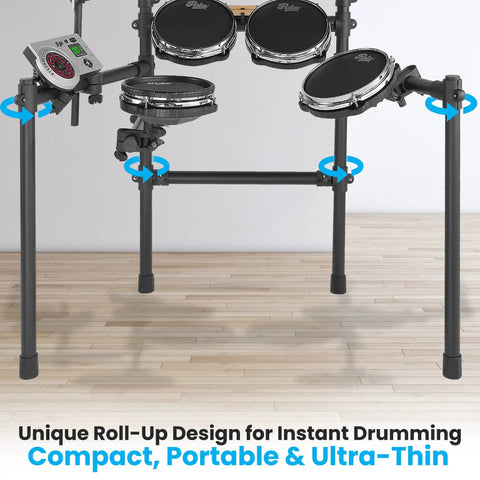 Seven Piece Electronic Drum Kit With Mesh Pads Totally Portable Electronic Drum Set Eight Inch Tom And Snare Ten Inch Crash Ride Hi Hat Pro Cymbals USB MIDI For Mac And PC Easy Setup Throne Seat And Sticks Included shown with compact roll-up design on wooden floor.
