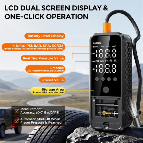 160 PSI Portable Tire Inflator With 6000mAh Battery, LED Light, Built In Tire Gauge And Cordless Design For Cars And Bikes