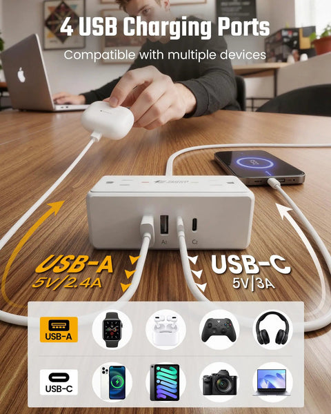 3 Ft Short Extension Cord Surge Protector Power Strip 8 In 1 with 4 USB ports charging multiple devices on wooden desk.