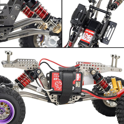 Close-up of GR5 Titanium LCG Chassis Kit Frame Rail Upgrade for Redcat Ascent 18 1/18 RC Rock Crawler with forward tilt design