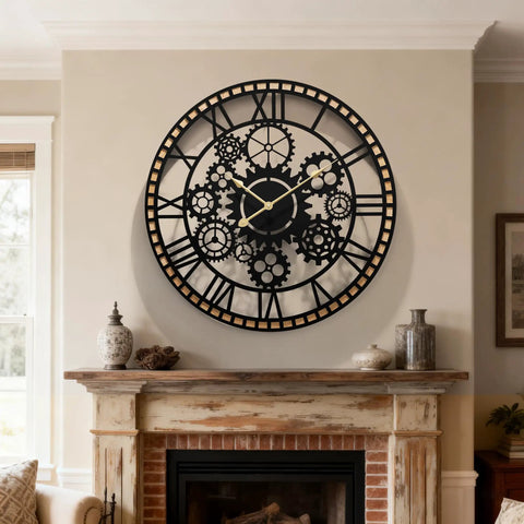 Large Farmhouse Wall Clock for Living Room Decor visible gear dial, black iron design with wooden accents above a rustic mantel.
