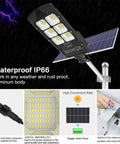 2 Pack 300W Solar Street Lights Outdoor IP66 Motion Sensor with aluminum body and waterproof design shown