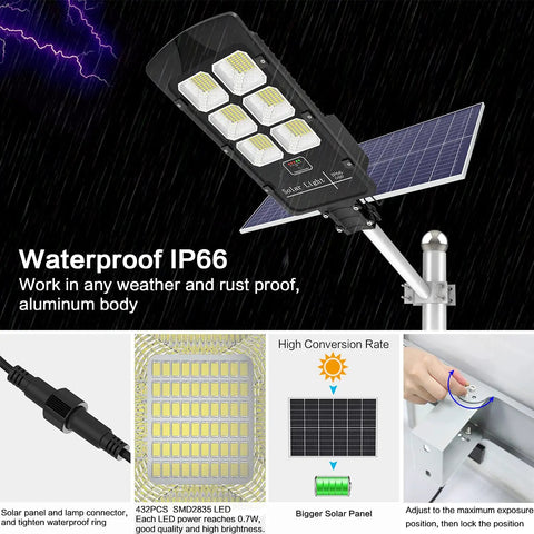 2 Pack 300W Solar Street Lights Outdoor IP66 Motion Sensor with aluminum body and waterproof design shown