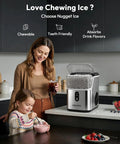 Woman and child enjoying ice near Countertop Nugget Ice Maker With Self Cleaning And Ice Scoop Pebble Ice Machine in kitchen