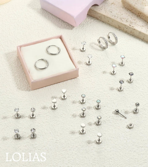 Hypoallergenic Flat Back Stud Earrings For Sensitive Ears Women And Men Surgical Steel 316L Stainless Nickel Free Lead Free No Irritation Allergy Free Rust Resistant Comfortable Everyday Jewelry assorted studs and hoops in pink box