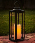 Outdoor Solar Powered Lantern With Flameless Candle 18 Inch Black Metal And Glass Waterproof Hanging Tapered Candle Lamp for garden