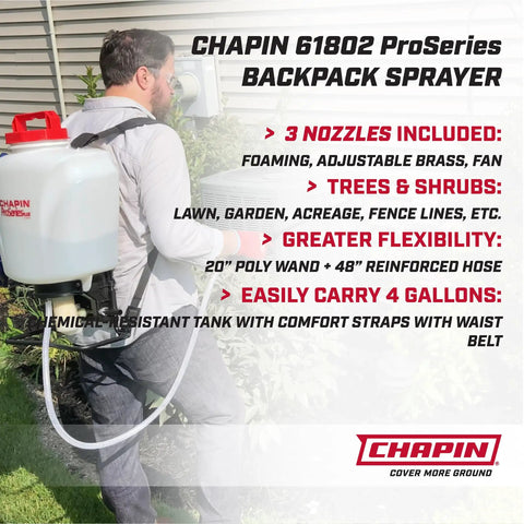Person wearing Your Go-To 4-Gallon ProSeries Backpack Sprayer With Foaming Adjustable Nozzle for Fertilizers, Herbicides and Pesticides.